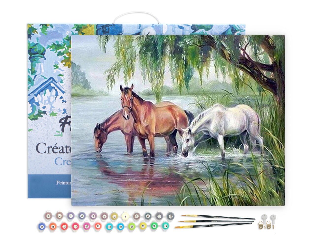 Figured'Art Paint by Numbers for Adults with Frame Three Horses near the lake 16"x20" - Craft Art Painting DIY Kit Canvas Already Stretched on a Wooden Frame